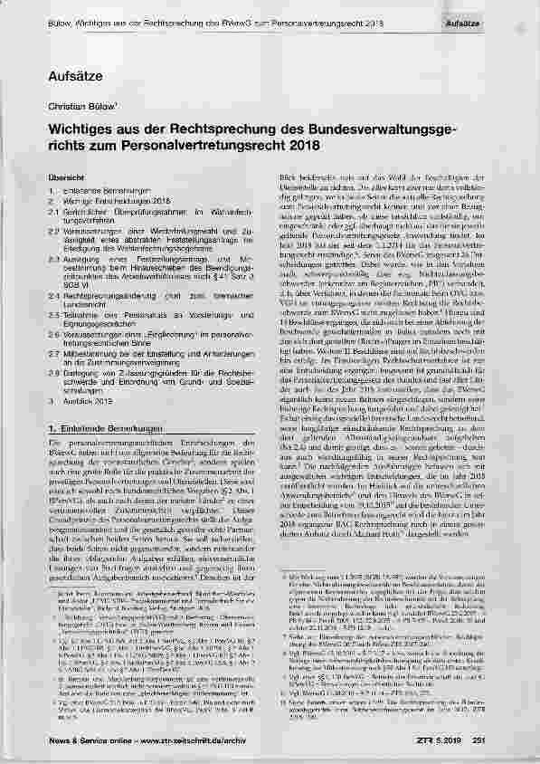 Vorschauseite 1: Wichtiges aus der Rechtsprechung des Bundesverwaltungsgerichts zum Personalvertretungsrecht 2018
