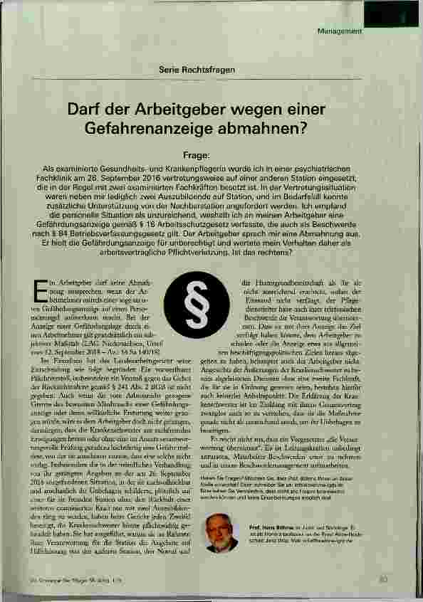 Vorschauseite 1: Darf der Arbeitgeber wegen einer Gefahrenanzeige abmahnen?