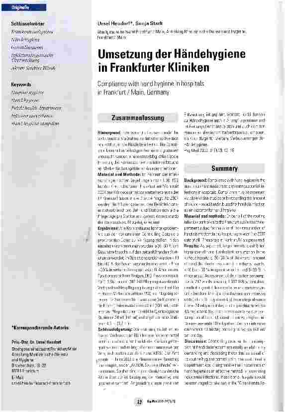 Vorschauseite 1: Umsetzung der Händehygiene in Frankfurter Kliniken