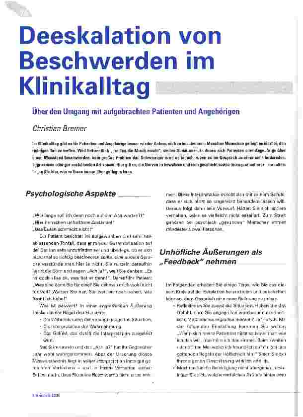 Vorschauseite 1: Deeskalation von Beschwerden im Klinikalltag