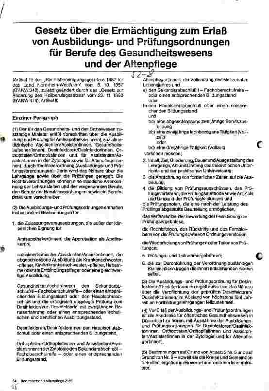 Vorschauseite 1: Gesetz über die Ermächtigung zum Erlaß von Ausbildungsund Prüfungsordnungen für Berufe des Gesundheitswesens und der Altenpflege