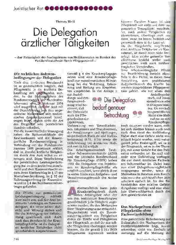Vorschauseite 1: Die Delegation ärztlicher Tätigkeiten -Zur Zulässigkeit des Nachspritzens von Medikamenten im bereich der Peridualanästhesie durch Pflegepersonal-