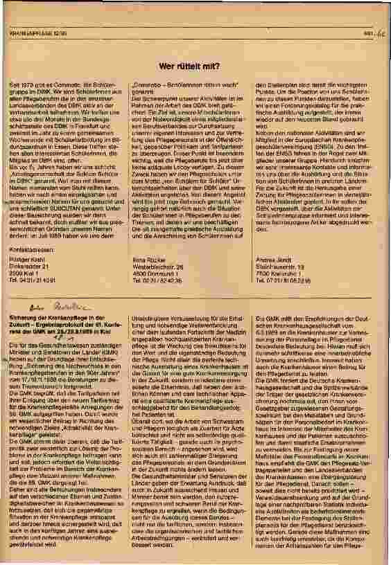 Vorschauseite 1: Sicherung der Krankenpflege in der Zukunft - Ergebnisprotokoll der 61. Konferenz der GMK am 28./29.9.1989 in Kiel