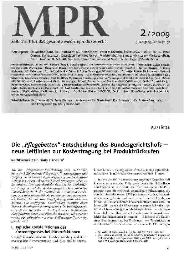 Vorschauseite 1: Die „Pflegebetten-Entscheidung des Bundesgerichtshofs neue Leitlinien zur Kostentragung bei Produktrückrufen