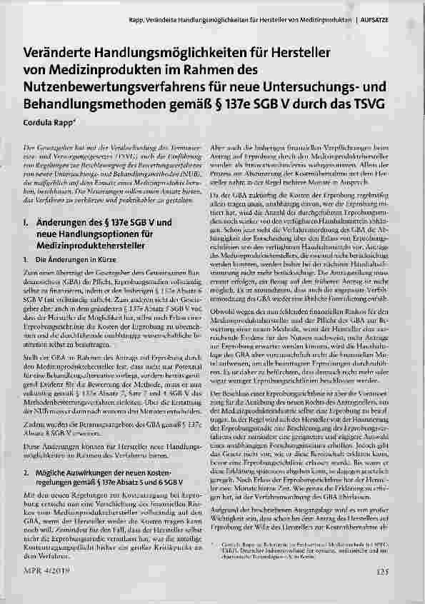 Vorschauseite 1: Veränderte Handlungsmöglichkeiten für Hersteller von Medizinprodukten im Rahmen des Nutzenbewertungsverfahrens für neue Untersuchungsund Behandlungsmethoden gemäß § 137e SGB V dur…