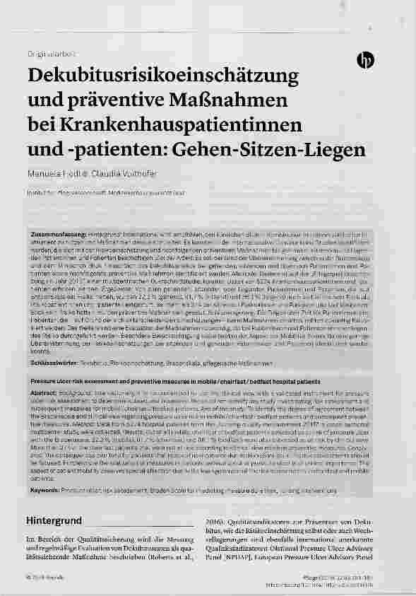 Vorschauseite 1: Dekubitusrisikoeinschätzung und präventive Maßnahmen bei Krankenhauspatientinnen und -patienten: Gehen-Sitzen-Liegen