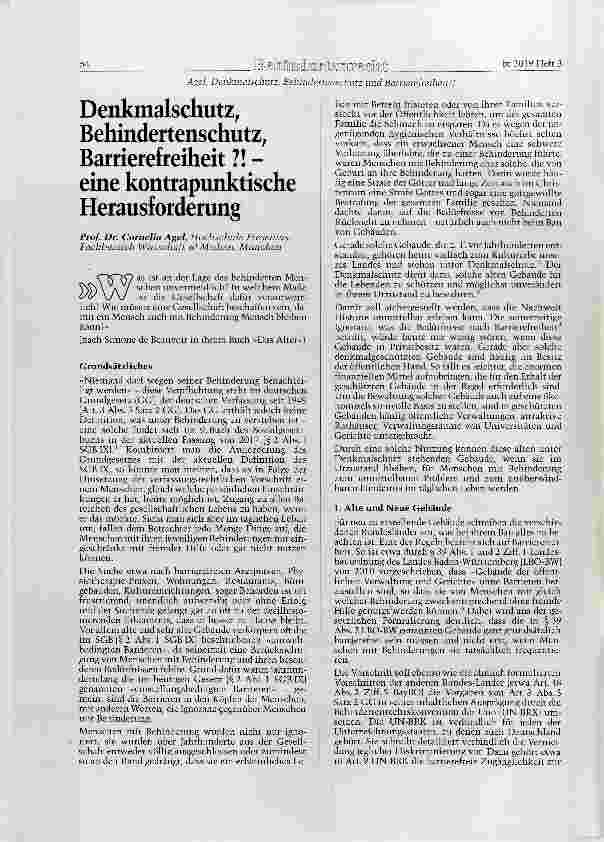 Vorschauseite 1: Denkmalschutz, Behindertenschutz, Barrierefreiheit? ! - eine kontrapunktische Herausforderung