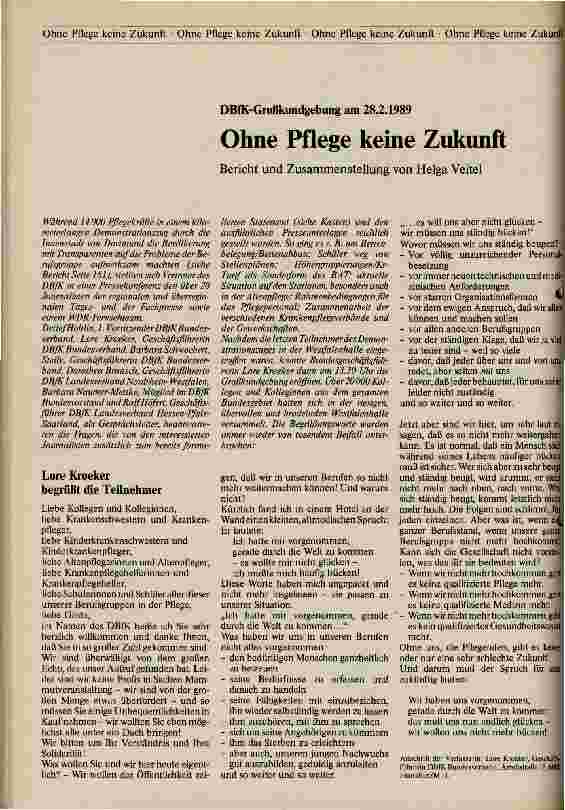 Vorschauseite 1: DBfK-Großkundgebung am 28.02.1989 Ohne Pflege keine Zukunft