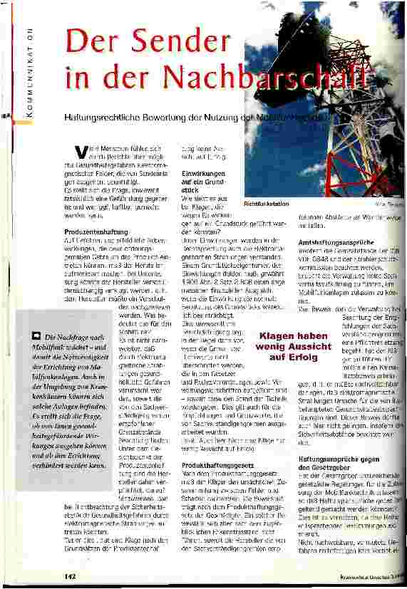 Vorschauseite 1: Der Sender in der Nachbarschaft Haftungsrechliche Bewertung der Nutzung der Mobilfunktechnik