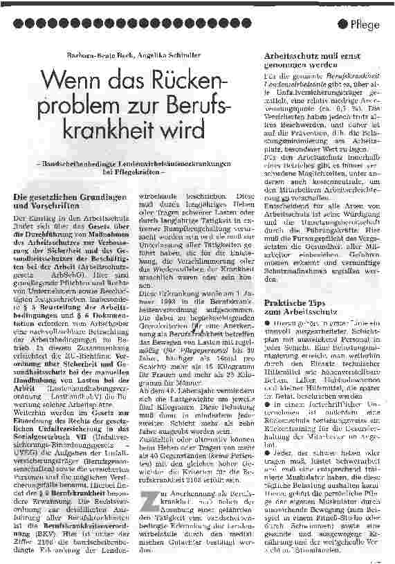 Vorschauseite 1: Wenn das Rückenproblem zur Berufskrankheit wird Bandscheibenbedingte Lendenwirbelsäulenerkrankungen bei Pflegekräften
