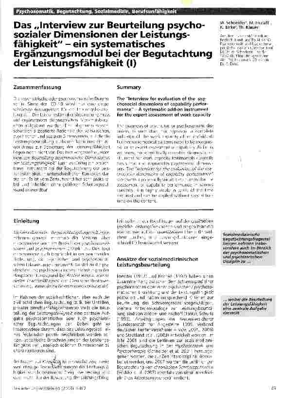 Vorschauseite 1: Psychosomatik, Begutachtung, Sozialmedizin, BerufsunfähigkeitDas „Interview zur Beurteilung psycho-sozialer Dimensionen der Leistungsfähigkeit - ein systematisches Ergänzungsmodul…