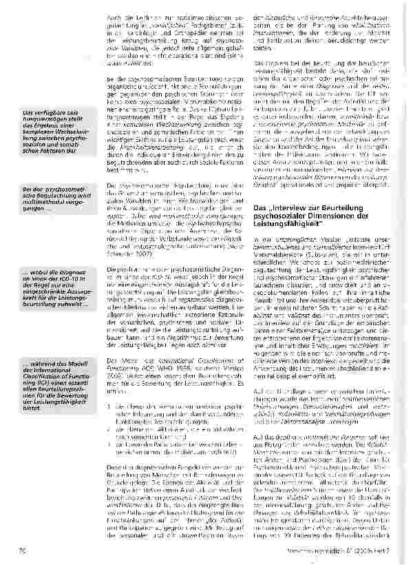 Vorschauseite 2: Psychosomatik, Begutachtung, Sozialmedizin, BerufsunfähigkeitDas „Interview zur Beurteilung psycho-sozialer Dimensionen der Leistungsfähigkeit - ein systematisches Ergänzungsmodul…