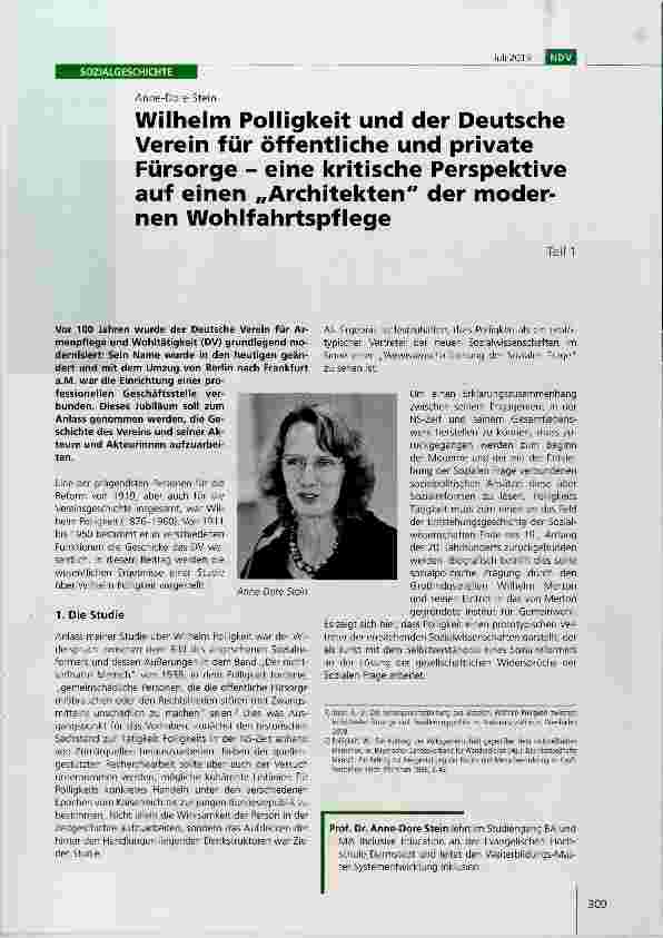 Vorschauseite 1: Wilhelm Polligkeit und der Deutsche Verein für öffentliche und private Fürsorge eine kritische Perspektive auf einen „Architekten der modernen WohlfahrtspflegeTeil 1