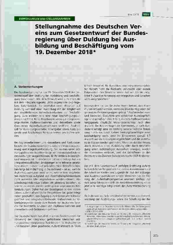 Vorschauseite 1: Stellungnahme des Deutschen Vereins zum Gesetzentwurf der Bundesregierung über Duldung bei Ausbildung und Beschäftigung vom 19. Dezember 2018*