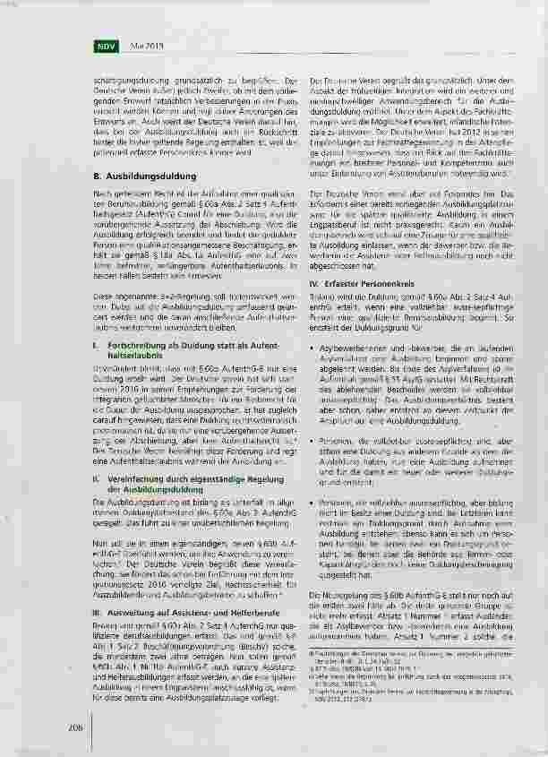 Vorschauseite 2: Stellungnahme des Deutschen Vereins zum Gesetzentwurf der Bundesregierung über Duldung bei Ausbildung und Beschäftigung vom 19. Dezember 2018*