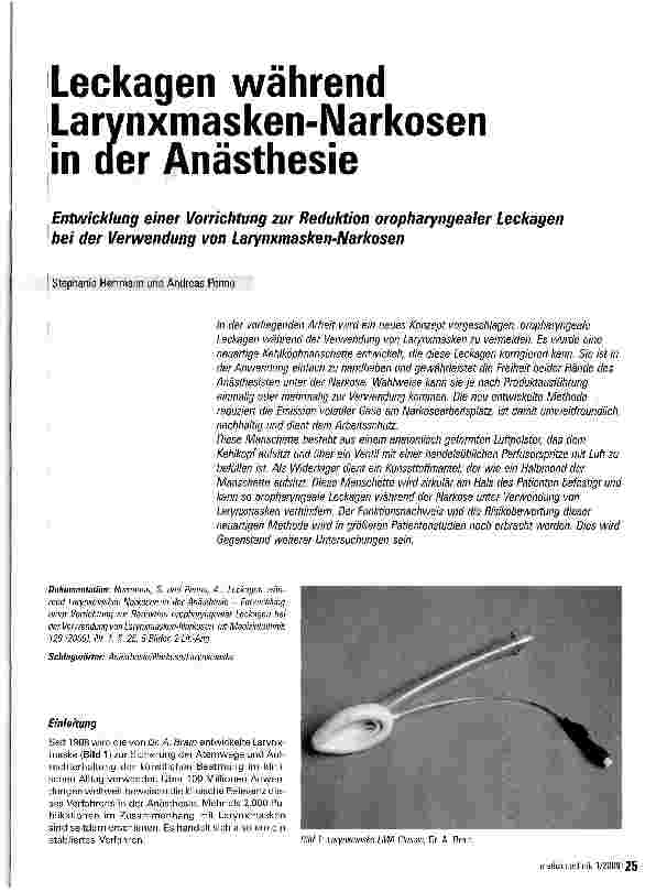 Vorschauseite 1: Leckagen während Larynxmasken-Narkosen in in der Anästhesie