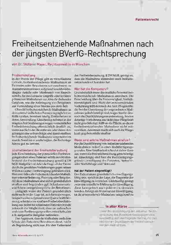 Vorschauseite 1: Freiheitsentziehende Maßnahmen nach der jüngsten BVerfG-Rechtsprechung