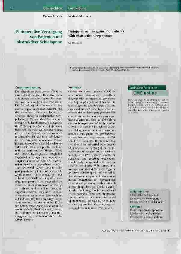 Vorschauseite 1: Perioperative Versorgung von Patienten mit obstruktiver Schlafapnoe