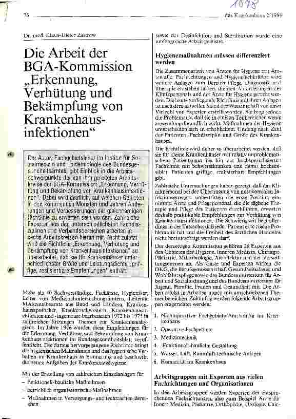 Vorschauseite 1: Die Arbeit der BGA-Kommission Erkennung, Verhütung und Bekämpfung von Krankenhausinfektionen