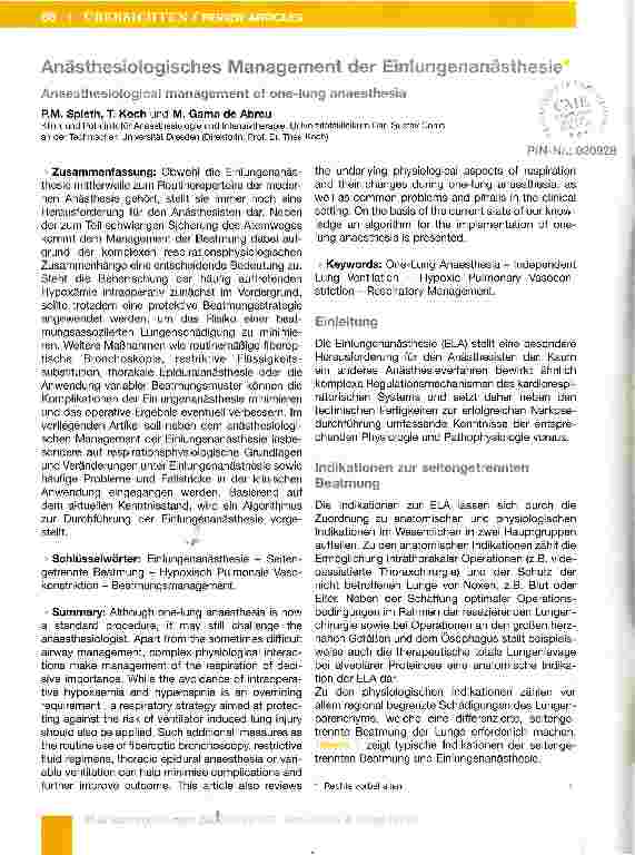 Vorschauseite 1: Anästhesiologisches Management der Einlungenanästhesie