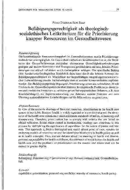 Vorschauseite 1: Befähigungsgerechtigkeit als theologisch-sozialethisches Leitkriterium für die Priorisierung knapper Ressourcen im Gesundheitswesen