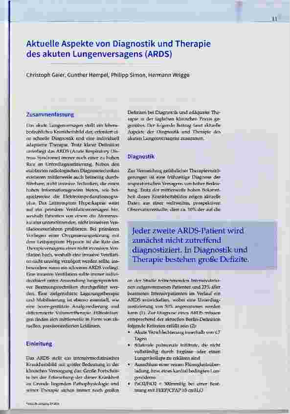 Vorschauseite 1: Aktuelle Aspekte von Diagnostik und Therapie des akuten Lungenversagens (ARDS)
