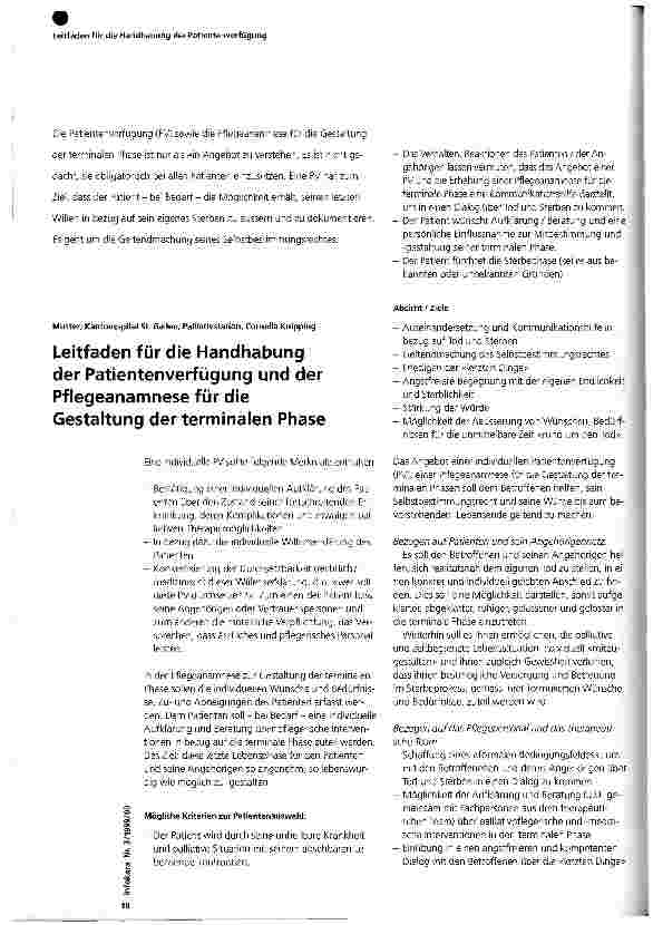 Vorschauseite 1: Leitfaden für die Handhabung der Patientenverfügung und der Pflegeanamnese für die Gestaltung der terminalen Phase