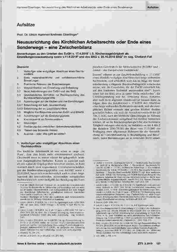Vorschauseite 1: Neuausrichtung des Kirchlichen Arbeitsrechts oder Ende eines Sonderwegs - eine Zwischenbilanz