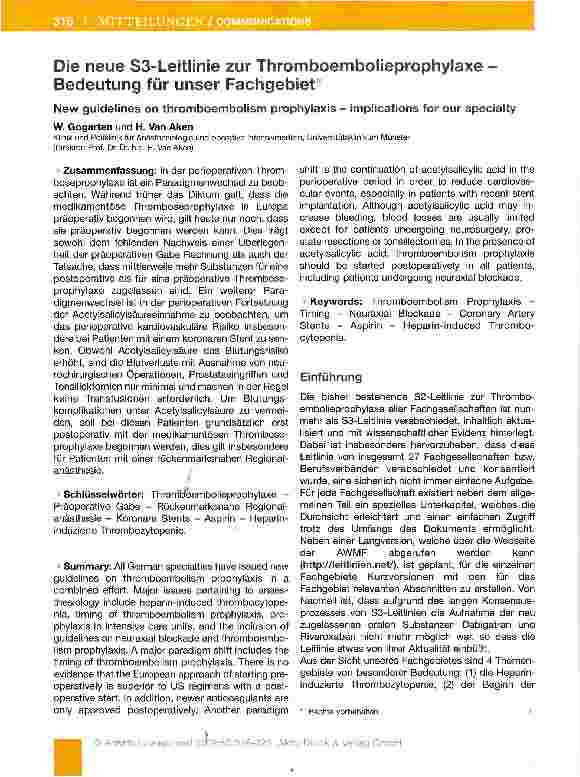 Vorschauseite 1: Die neue S3-Leitlinie zur Thromboembolieprophylaxe -Bedeutung für unser Fachgebiet