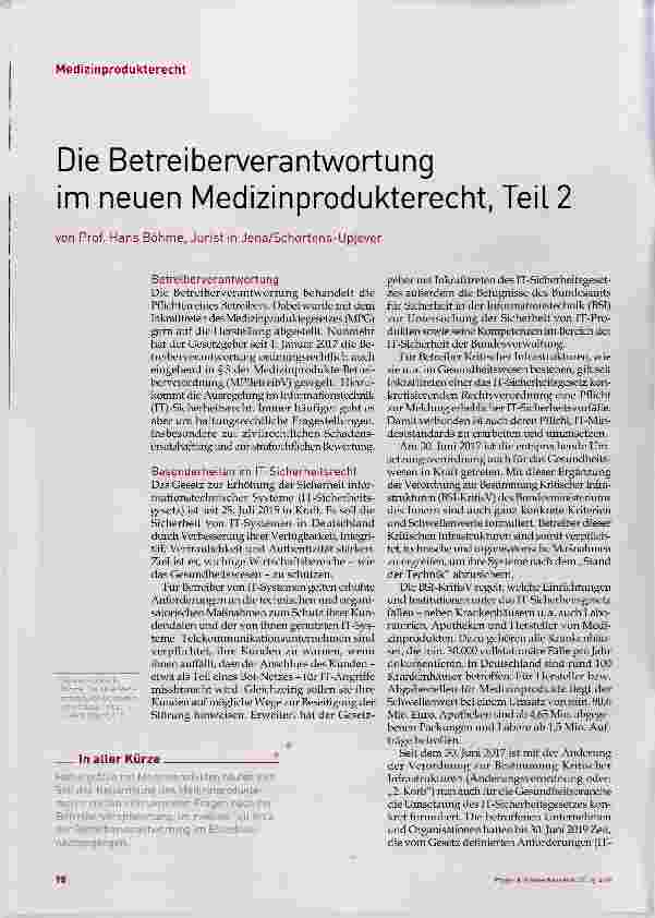 Vorschauseite 1: Die Betreiberverantwortung im neuen Medizinprodukterecht, Teil 2