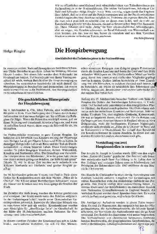 Vorschauseite 1: Die Hospizbewegung Abschlußarbeit des Fachstudienjahres in der Stationsführung
