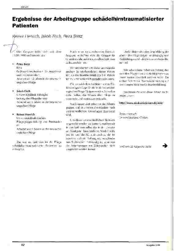 Vorschauseite 1: Ergebnisse der Arbeitsgruppe schädelhirntraumatisierter Patienten