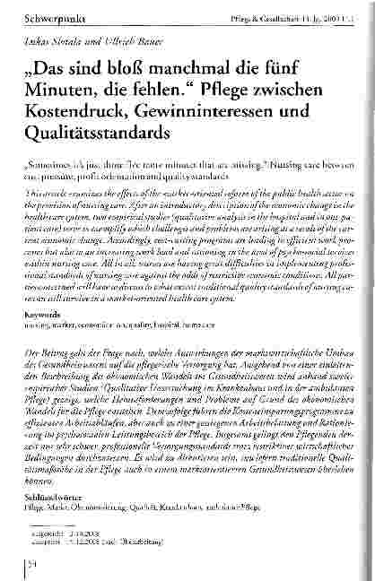 Vorschauseite 1: „Das sind bloß manchmal die fünf Minuten, die fehlen. Pflege zwischen Kostendruck, Gewinninteressen und Qualitätsstandards
