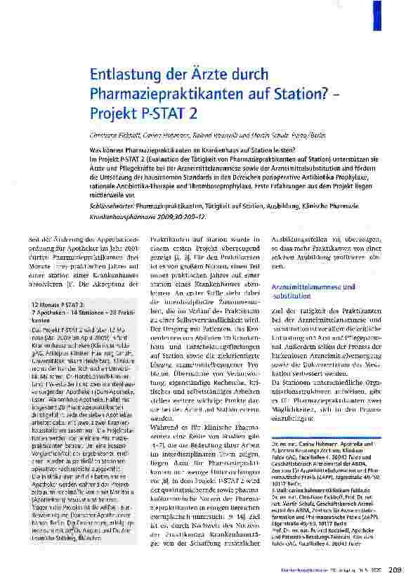 Vorschauseite 1: Entlastung der Ärzte durch Pharmaziepraktikanten auf Station? -Projekt P-STAT 2