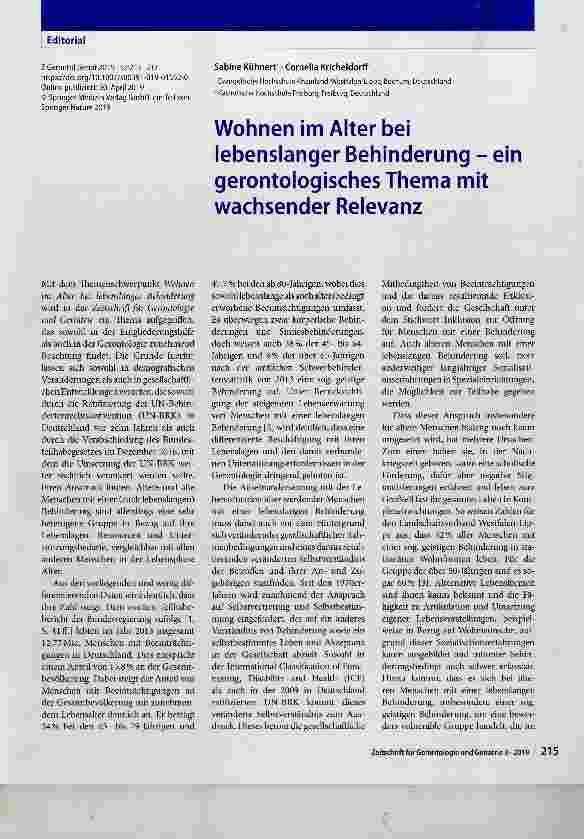 Vorschauseite 1: Wohnen im Alter bei lebenslanger Behinderung ein gerontologisches Thema mit wachsender Relevanz