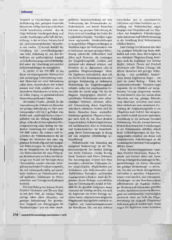 Vorschauseite 2: Wohnen im Alter bei lebenslanger Behinderung ein gerontologisches Thema mit wachsender Relevanz