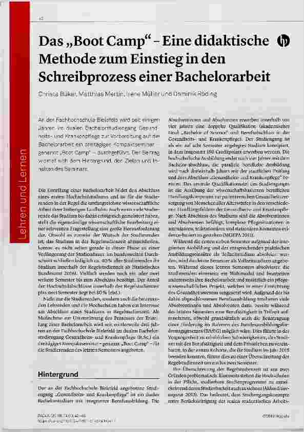 Vorschauseite 1: Das „Boot Camp“ Eine didaktische Methode zum Einstieg in den Schreibprozess einer Bachelorarbeit