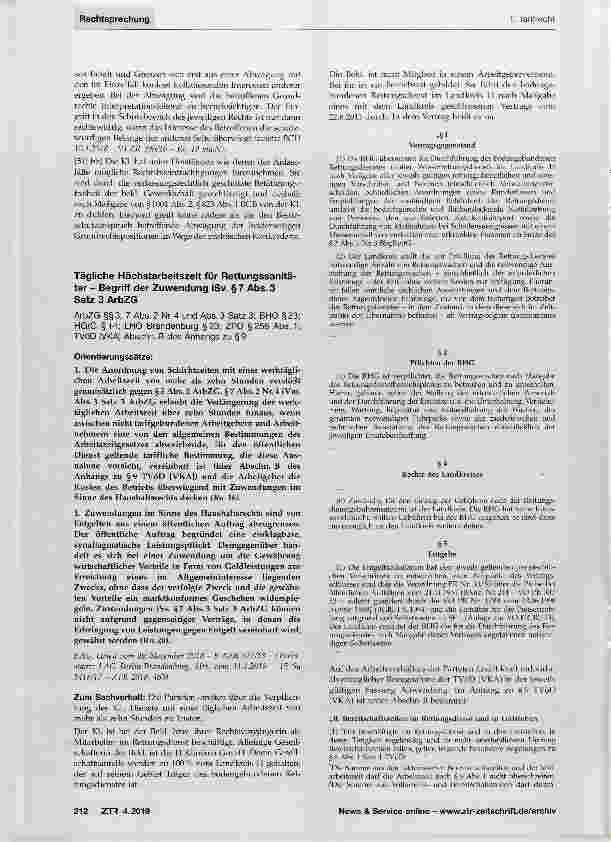 Vorschauseite 1: Tägliche Höchstarbeitszeit für Rettungssanitäter - Begriff der Zuwendung iSv. §7 Abs. 3 Satz 3 ArbZG