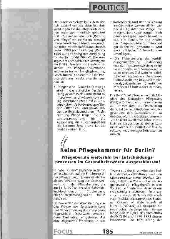 Vorschauseite 1: Keine Pflegekammer für Berlin? Pflegeberufe weiterhin bei Entscheidungsprozessen im Gesundheitswesen ausgeschlossen!