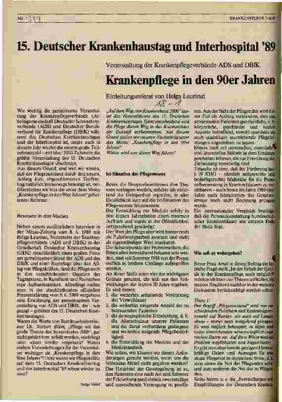 Vorschauseite 1: 15. Deutscher Krankenhaustag und Interhospital 89 Krankenpflege in den 90er Jahren