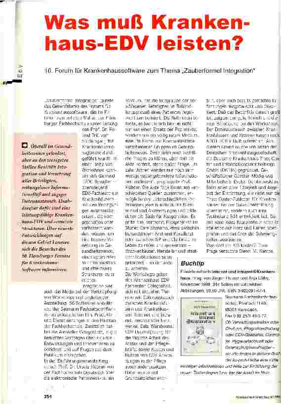 Vorschauseite 1: Was muß Krankenhaus-EDV leisten? 10. Forum für Krankenhaussoftware zum Thema Zauberformel Integration