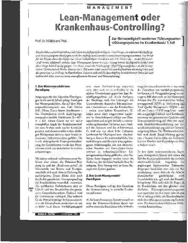 Vorschauseite 1: Lean-Management oder Krankenhaus-Controlling? Zur Notwendigkeit moderner Führungsunterstützungssysteme im Krankenhaus 1. Teil