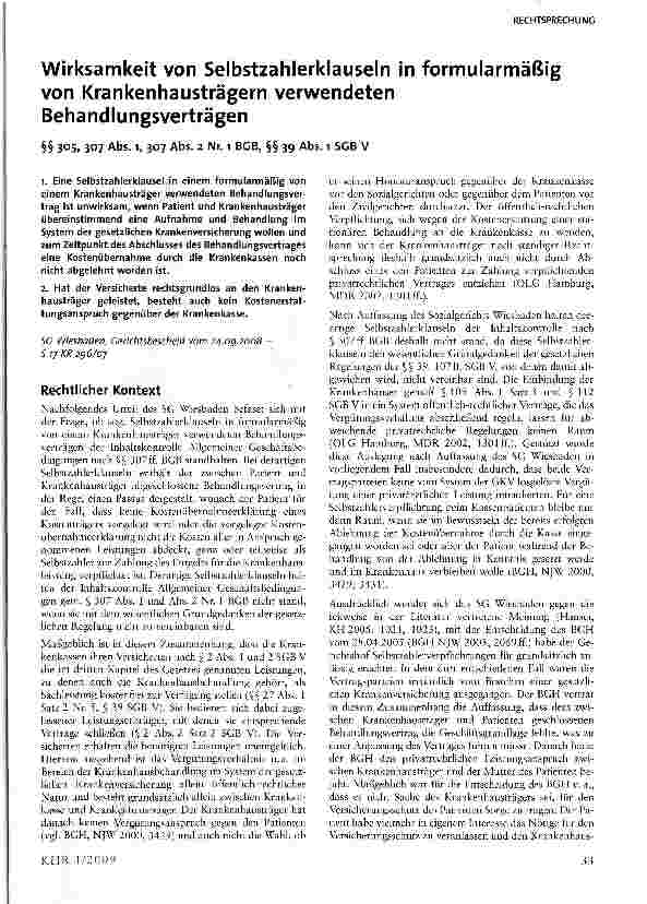 Vorschauseite 1: Wirksamkeit von Selbstzahlerklauseln in formularmäßig von Krankenhausträgern verwendeten Behandlungsverträgen