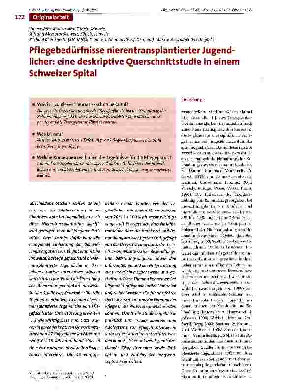 Vorschauseite 1: Pflegebedürfnisse nierentransplantierter Jugendlicher: eine deskriptive Ouerschnittstudie in einem Schweizer Spital