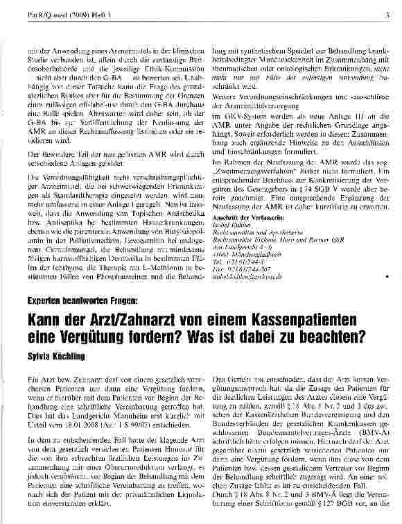 Vorschauseite 1: Kann der Arzt/Zahnarzt von einem Kassenpatienten eine Vergütung fordern? Was ist dabei zu beachten?