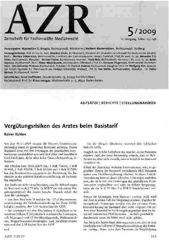 Vorschauseite 1: Vergütungsrisiken des Arztes beim Basistarif