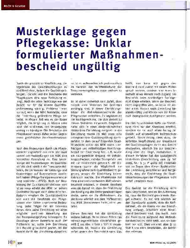 Vorschauseite 1: Musterklage gegen Pflegekasse: Unklar formulierter Maßnahmenbescheid ungültig