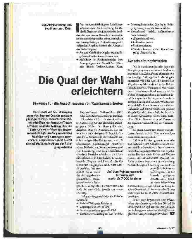 Vorschauseite 1: Die Qual der Wahl erleichtern Hinweise für die Ausschreibung von Reinigungsarbeiten