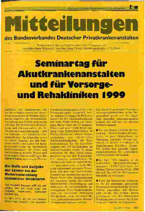 Vorschauseite 1: Seminartag für Akutkrankenanstalten und für Vorsorgeund Rehakliniken 1999