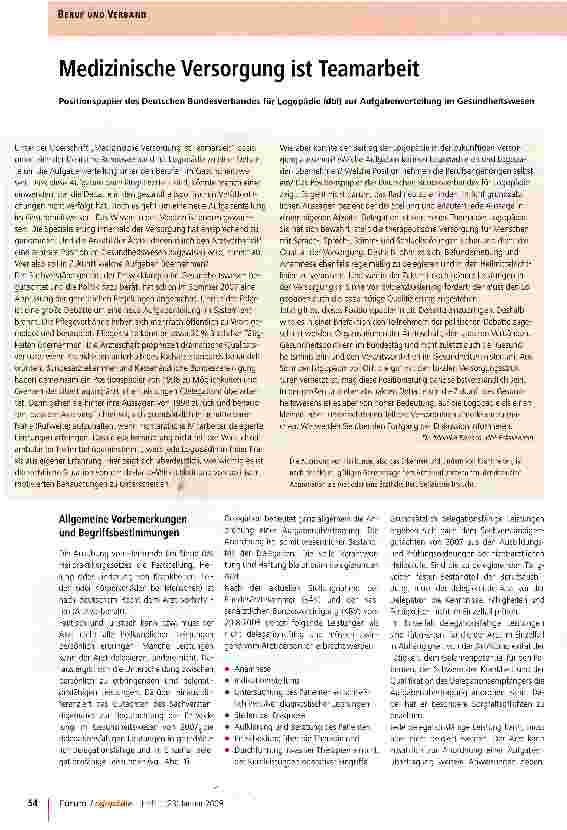 Vorschauseite 1: Medizinische Versorgung ist TeamarbeitPositionspapier des Deutschen Bundesverbandes für Logopädie (dbl) zur Aufgabenverteilung im Gesundheitswesen